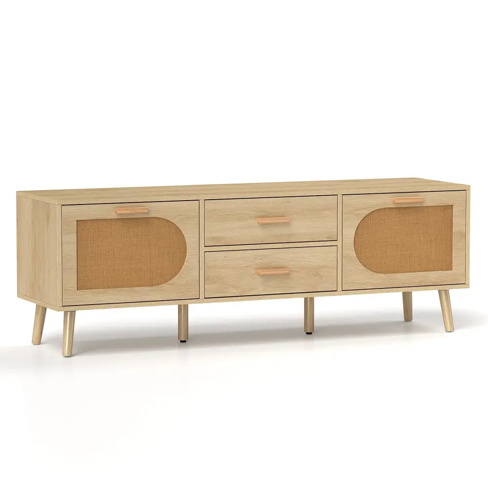 Rattan TV Stand for 65-Inch TV with Drawers and Solid Wood Legs-Natural - Natural - Entertainment Centers & TV Stands