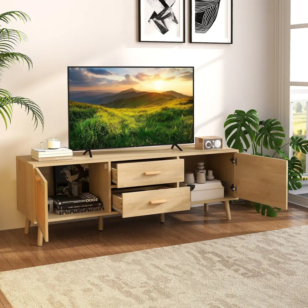 Rattan TV Stand for 65-Inch TV with Drawers and Solid Wood Legs-Natural - Natural - Entertainment Centers & TV Stands