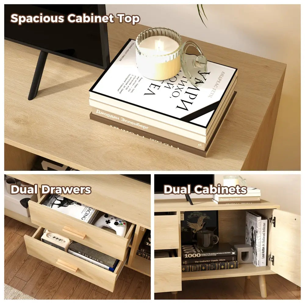 Rattan TV Stand for 65-Inch TV with Drawers and Solid Wood Legs-Natural - Natural - Entertainment Centers & TV Stands