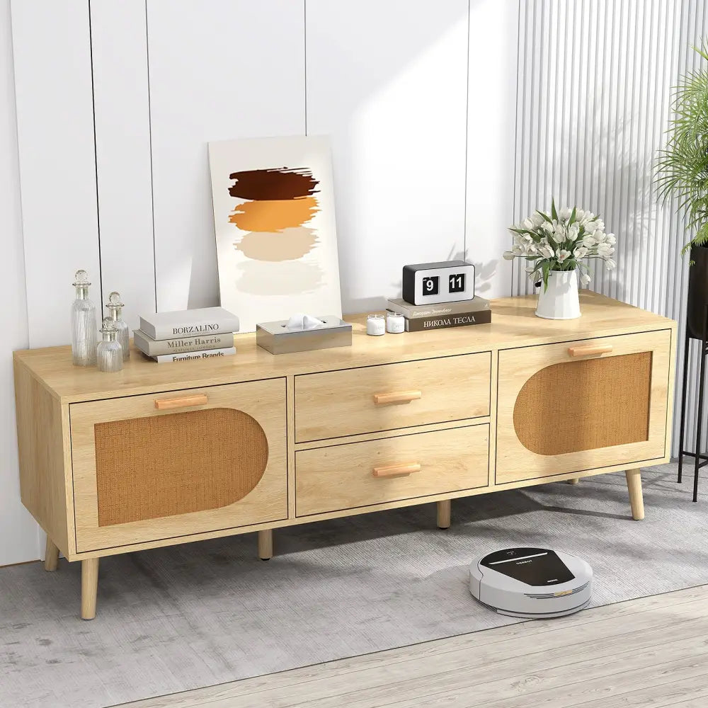 Rattan TV Stand for 65-Inch TV with Drawers and Solid Wood Legs-Natural - Natural - Entertainment Centers & TV Stands