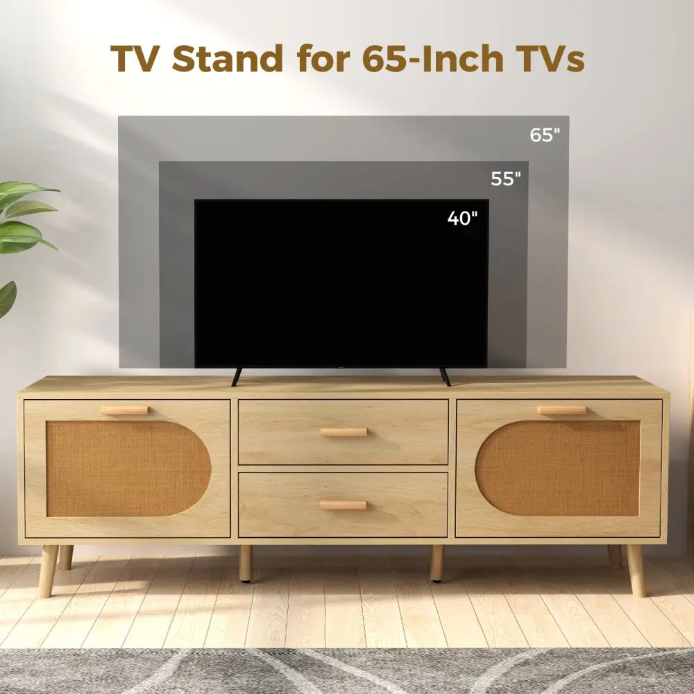 Rattan TV Stand for 65-Inch TV with Drawers and Solid Wood Legs-Natural - Natural - Entertainment Centers & TV Stands