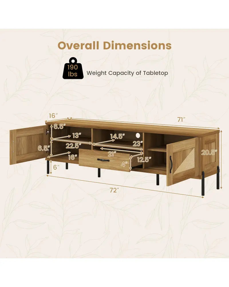Rattan TV Stand for TVs up to 80’’ Mid Century Modern Media Console Table with 2 Storage Cabinets-Natural - Natural