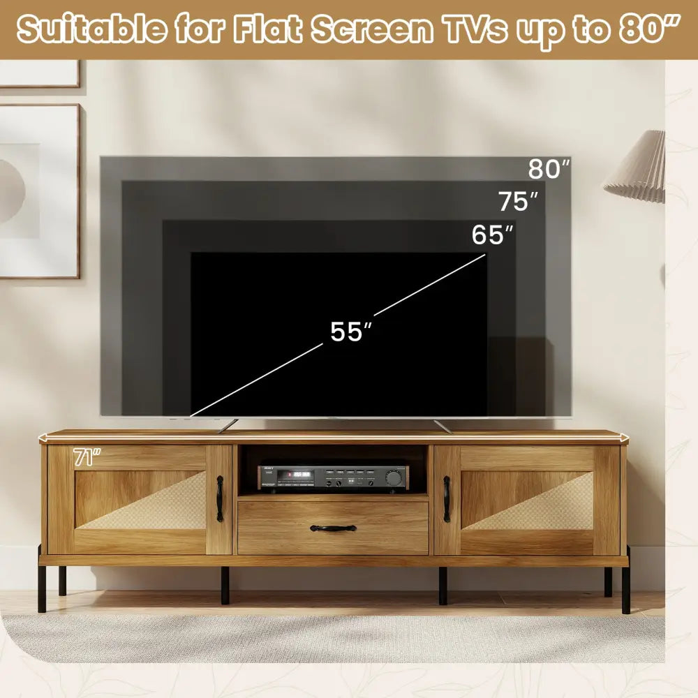 Rattan TV Stand for TVs up to 80’’ Mid Century Modern Media Console Table with 2 Storage Cabinets-Natural - Natural
