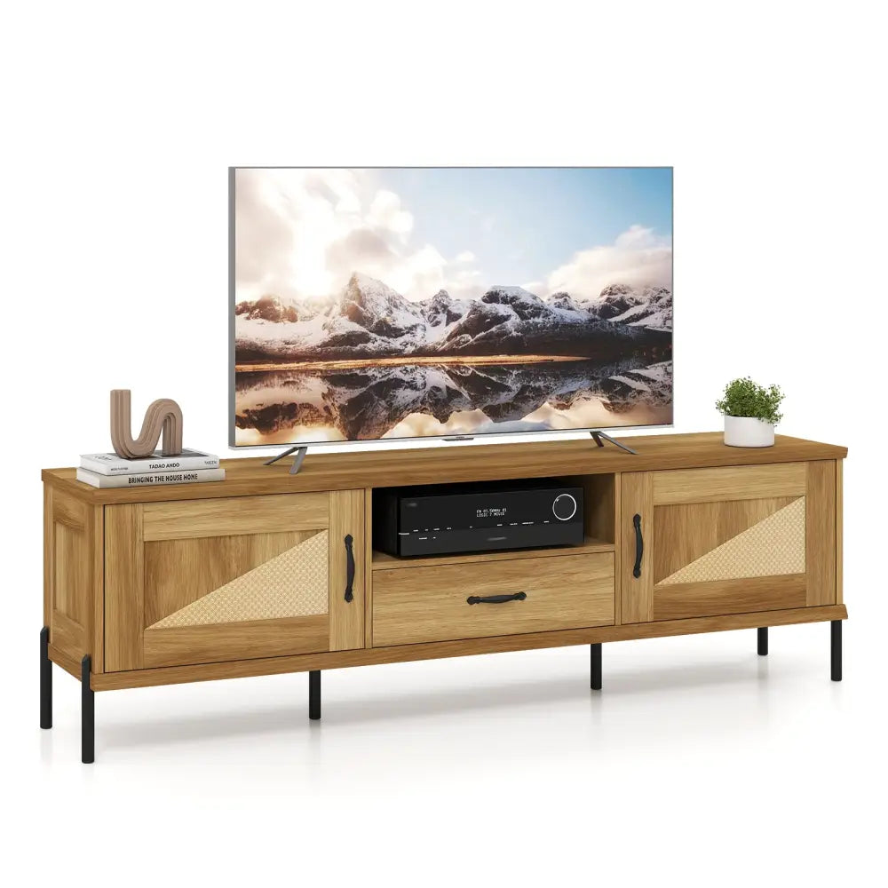 Rattan TV Stand for TVs up to 80’’ Mid Century Modern Media Console Table with 2 Storage Cabinets-Natural - Natural
