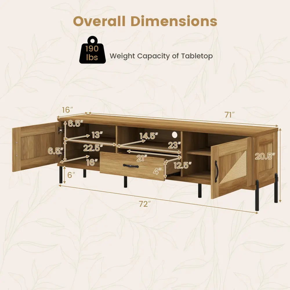 Rattan TV Stand for TVs up to 80’’ Mid Century Modern Media Console Table with 2 Storage Cabinets-Natural - Natural
