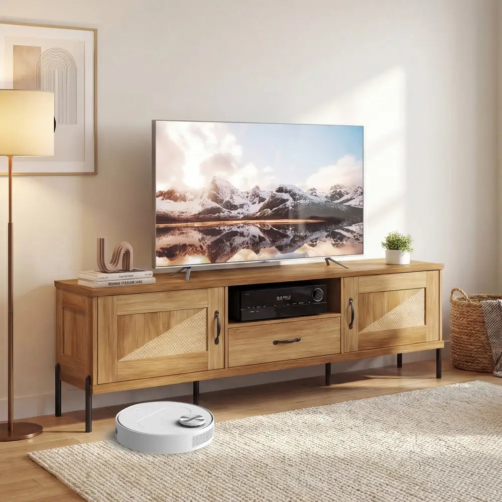 Rattan TV Stand for TVs up to 80’’ Mid Century Modern Media Console Table with 2 Storage Cabinets-Natural - Natural