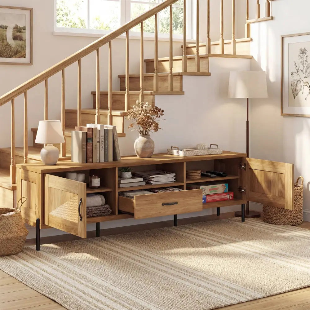 Rattan TV Stand for TVs up to 80’’ Mid Century Modern Media Console Table with 2 Storage Cabinets-Natural - Natural