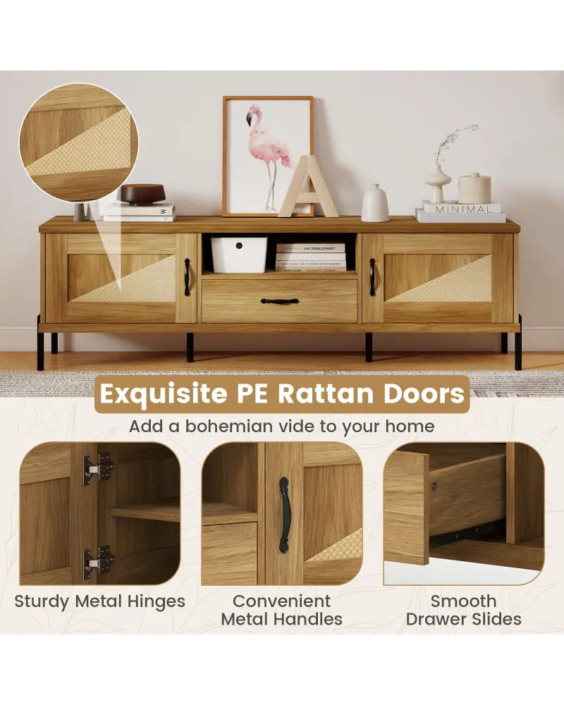 Rattan TV Stand for TVs up to 80’’ Mid Century Modern Media Console Table with 2 Storage Cabinets-Natural - Natural