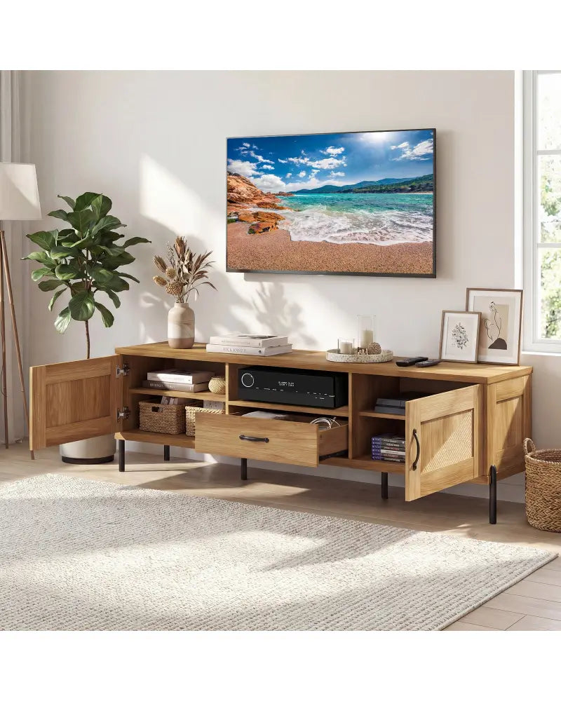 Rattan TV Stand for TVs up to 80’’ Mid Century Modern Media Console Table with 2 Storage Cabinets-Natural - Natural