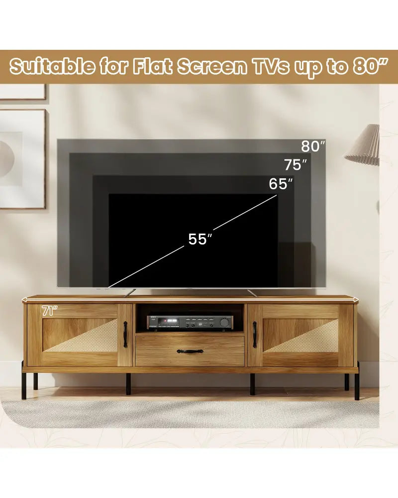 Rattan TV Stand for TVs up to 80’’ Mid Century Modern Media Console Table with 2 Storage Cabinets-Natural - Natural