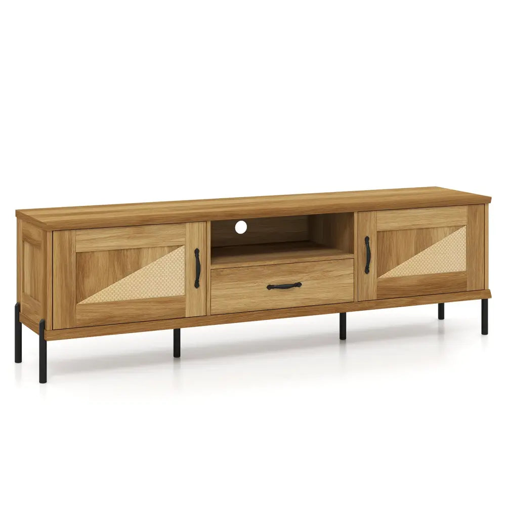 Rattan TV Stand for TVs up to 80’’ Mid Century Modern Media Console Table with 2 Storage Cabinets-Natural - Natural