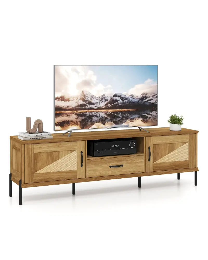 Rattan TV Stand for TVs up to 80’’ Mid Century Modern Media Console Table with 2 Storage Cabinets-Natural - Natural