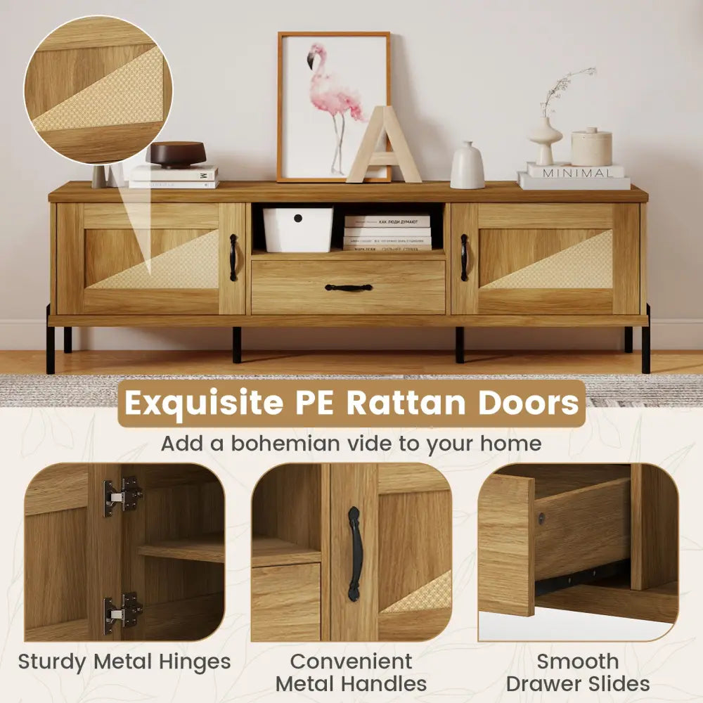 Rattan TV Stand for TVs up to 80’’ Mid Century Modern Media Console Table with 2 Storage Cabinets-Natural - Natural