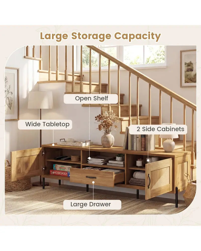 Rattan TV Stand for TVs up to 80’’ Mid Century Modern Media Console Table with 2 Storage Cabinets-Natural - Natural