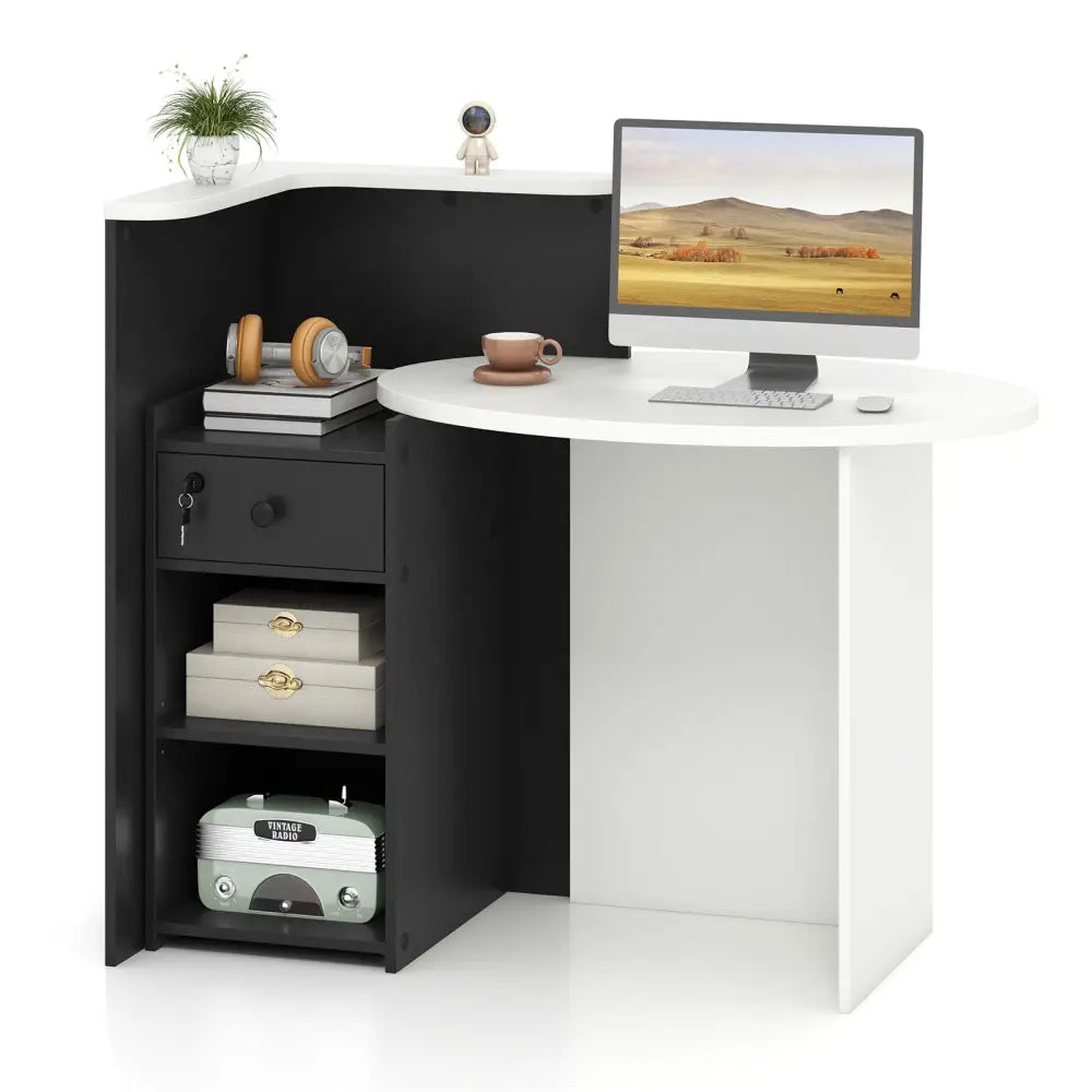Reception Office Desk with Open Shelf and Lockable Drawer-Black - Black - Corner Desks