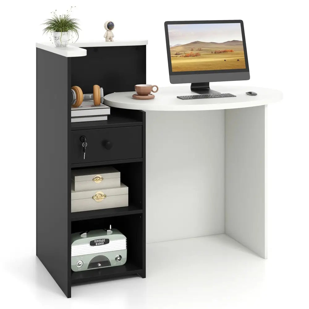 Reception Office Desk with Open Shelf and Lockable Drawer-Black - Black - Corner Desks