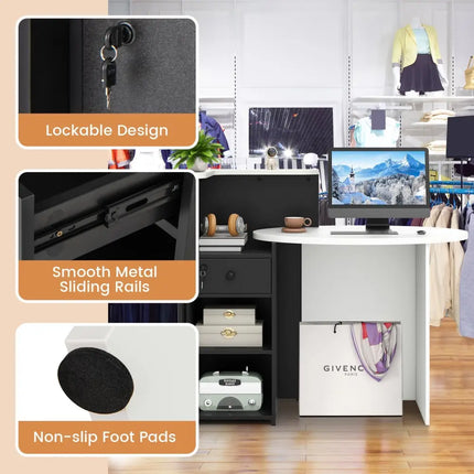 Reception Office Desk with Open Shelf and Lockable Drawer-Black - Black - Corner Desks