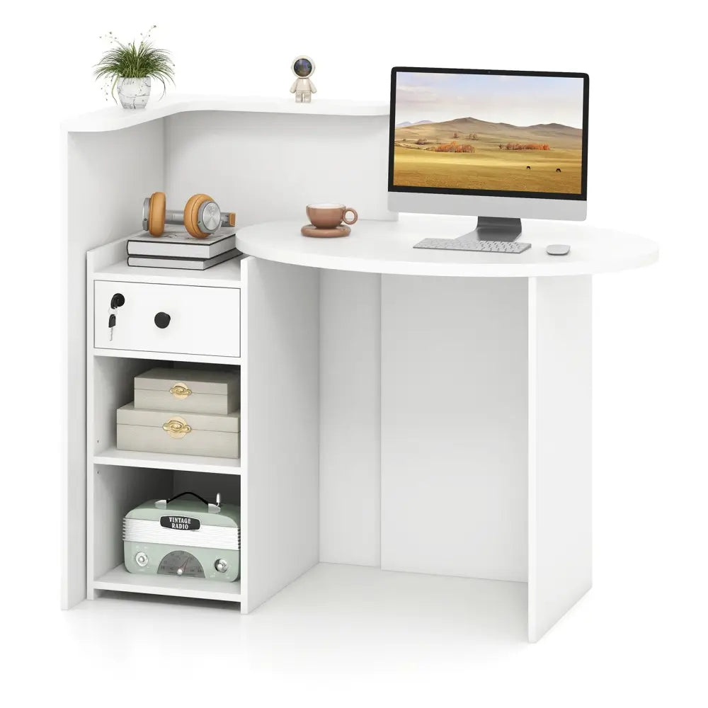 Reception Office Desk with Open Shelf and Lockable Drawer-White - White - Corner Desks