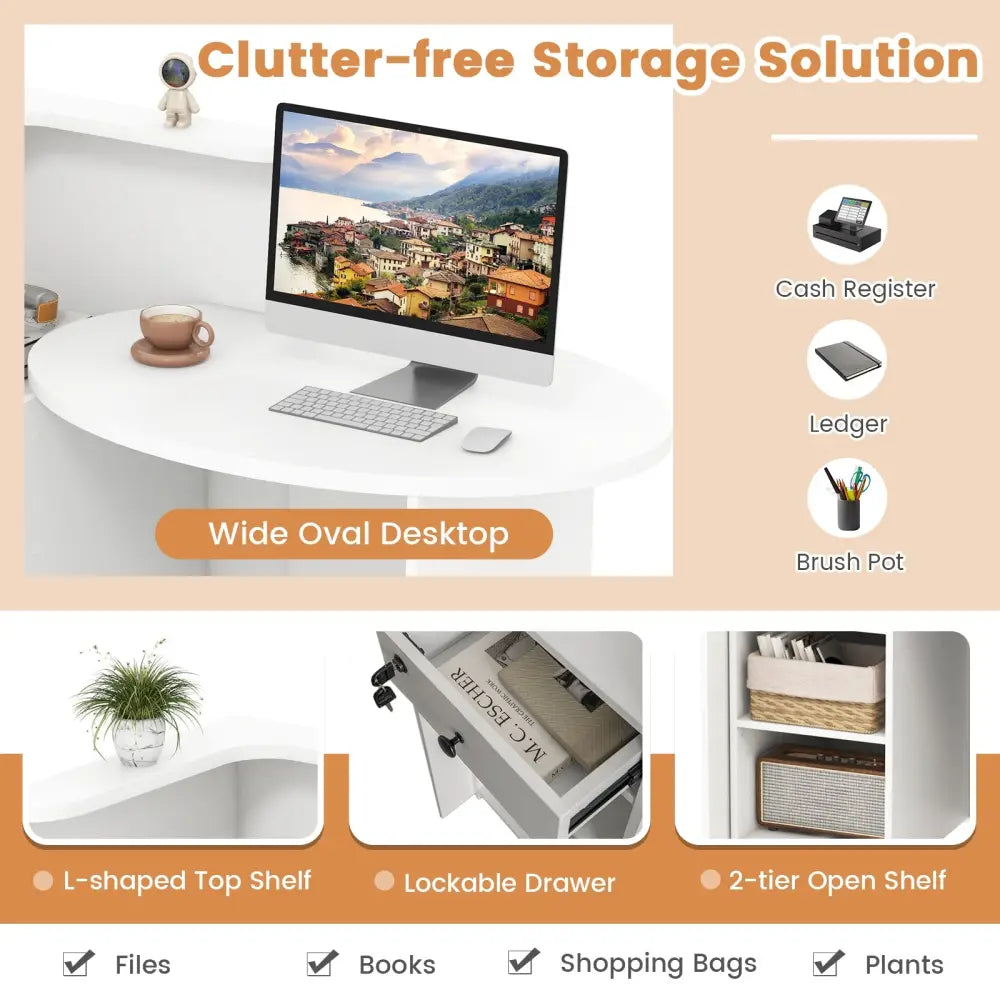 Reception Office Desk with Open Shelf and Lockable Drawer-White - White - Corner Desks