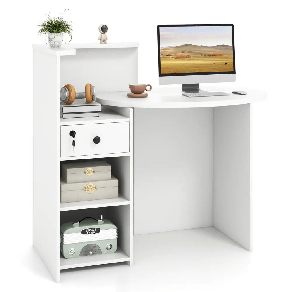 Reception Office Desk with Open Shelf and Lockable Drawer-White - White - Corner Desks