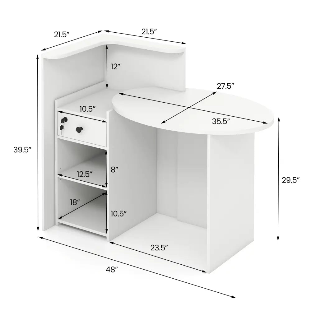 Reception Office Desk with Open Shelf and Lockable Drawer-White - White - Corner Desks