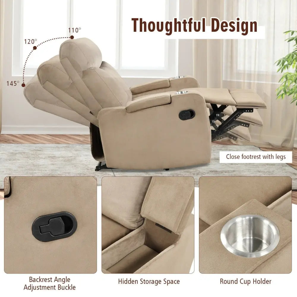 Recliner Chair Single Sofa Lounger with Arm Storage and Cup Holder for Living Room-Brown - Light Brown - Recliners