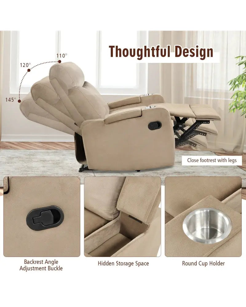 Recliner Chair Single Sofa Lounger with Arm Storage and Cup Holder for Living Room-Brown - Light Brown - Recliners