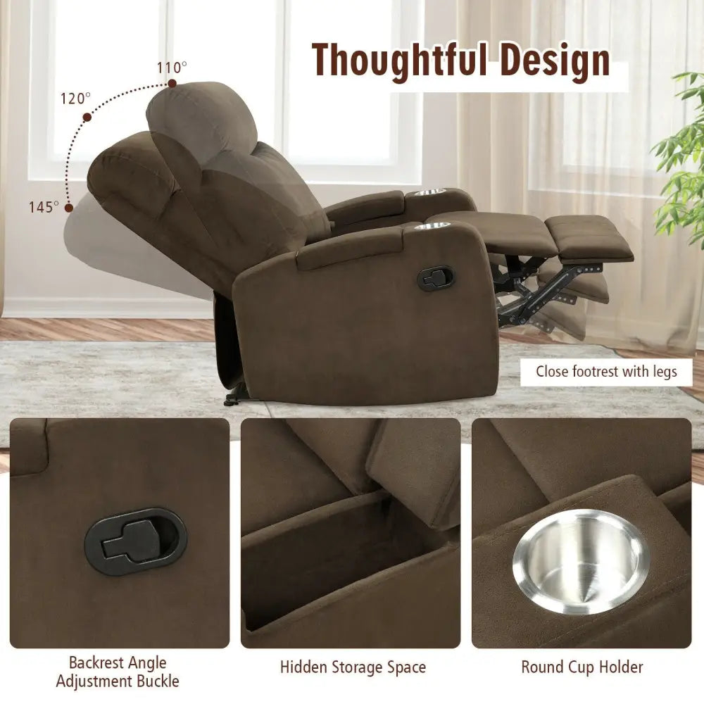 Recliner Chair Single Sofa Lounger with Arm Storage and Cup Holder for Living Room-Coffee - Brown - Recliners