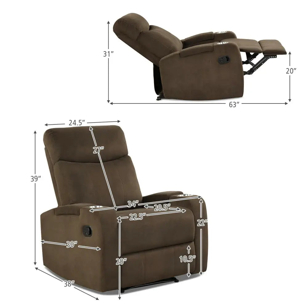 Recliner Chair Single Sofa Lounger with Arm Storage and Cup Holder for Living Room-Coffee - Brown - Recliners