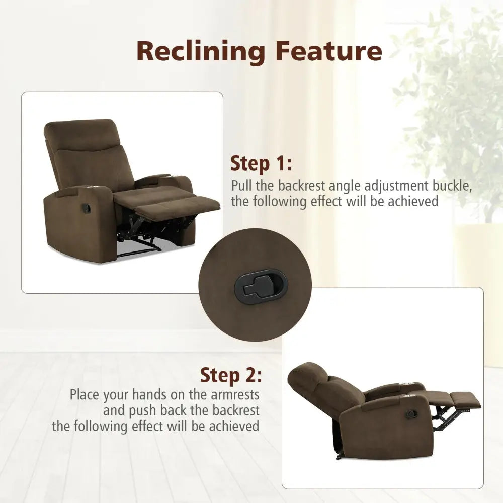 Recliner Chair Single Sofa Lounger with Arm Storage and Cup Holder for Living Room-Coffee - Brown - Recliners