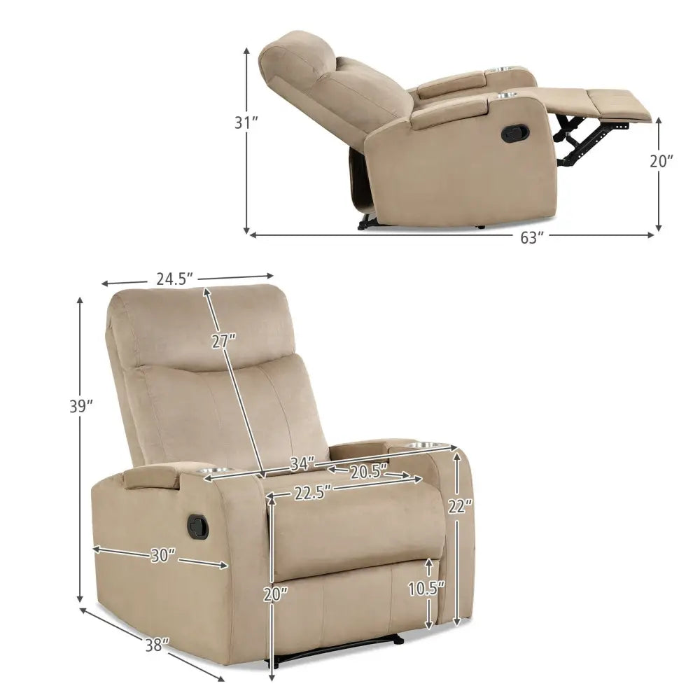 Recliner Chair Single Sofa Lounger with Arm Storage and Cup Holder for Living Room-Brown - Light Brown - Recliners