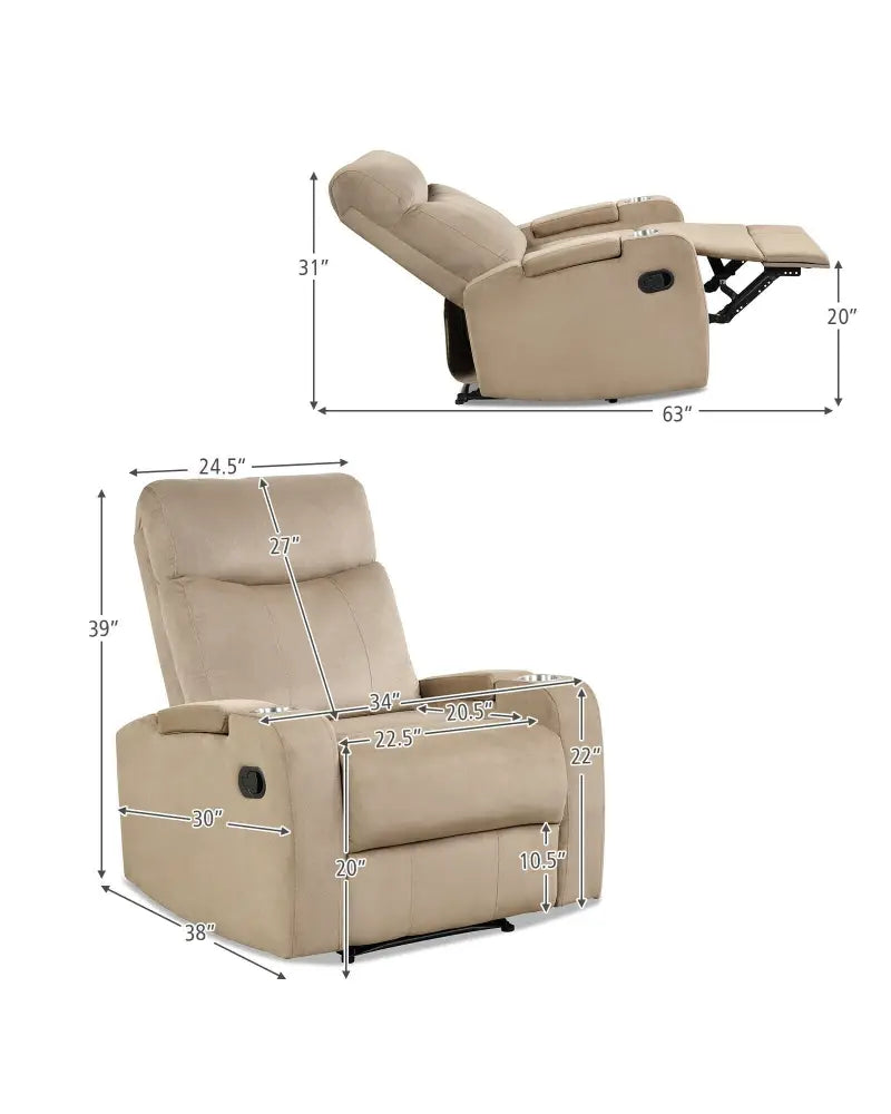 Recliner Chair Single Sofa Lounger with Arm Storage and Cup Holder for Living Room-Brown - Light Brown - Recliners