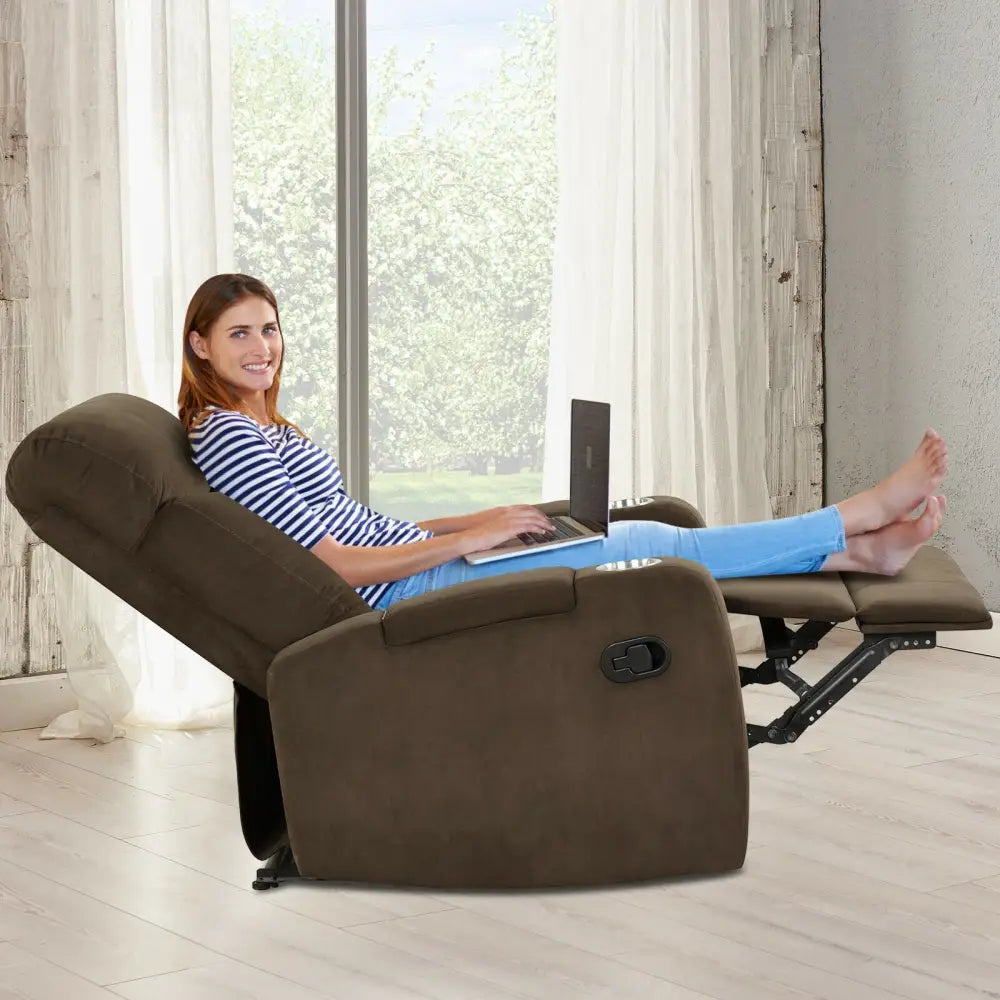 Recliner Chair Single Sofa Lounger with Arm Storage and Cup Holder for Living Room-Coffee - Brown - Recliners