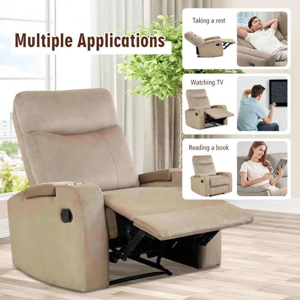 Recliner Chair Single Sofa Lounger with Arm Storage and Cup Holder for Living Room-Brown - Light Brown - Recliners