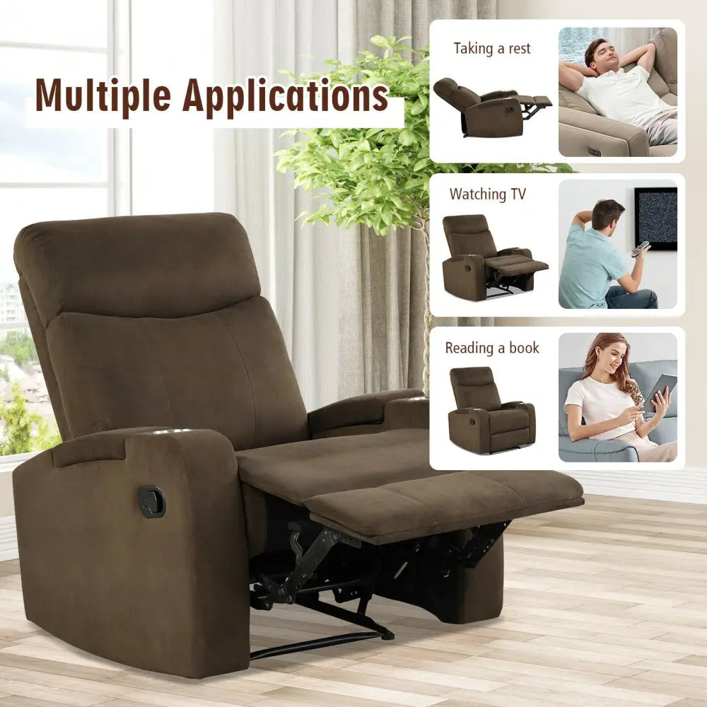 Recliner Chair Single Sofa Lounger with Arm Storage and Cup Holder for Living Room-Coffee - Brown - Recliners