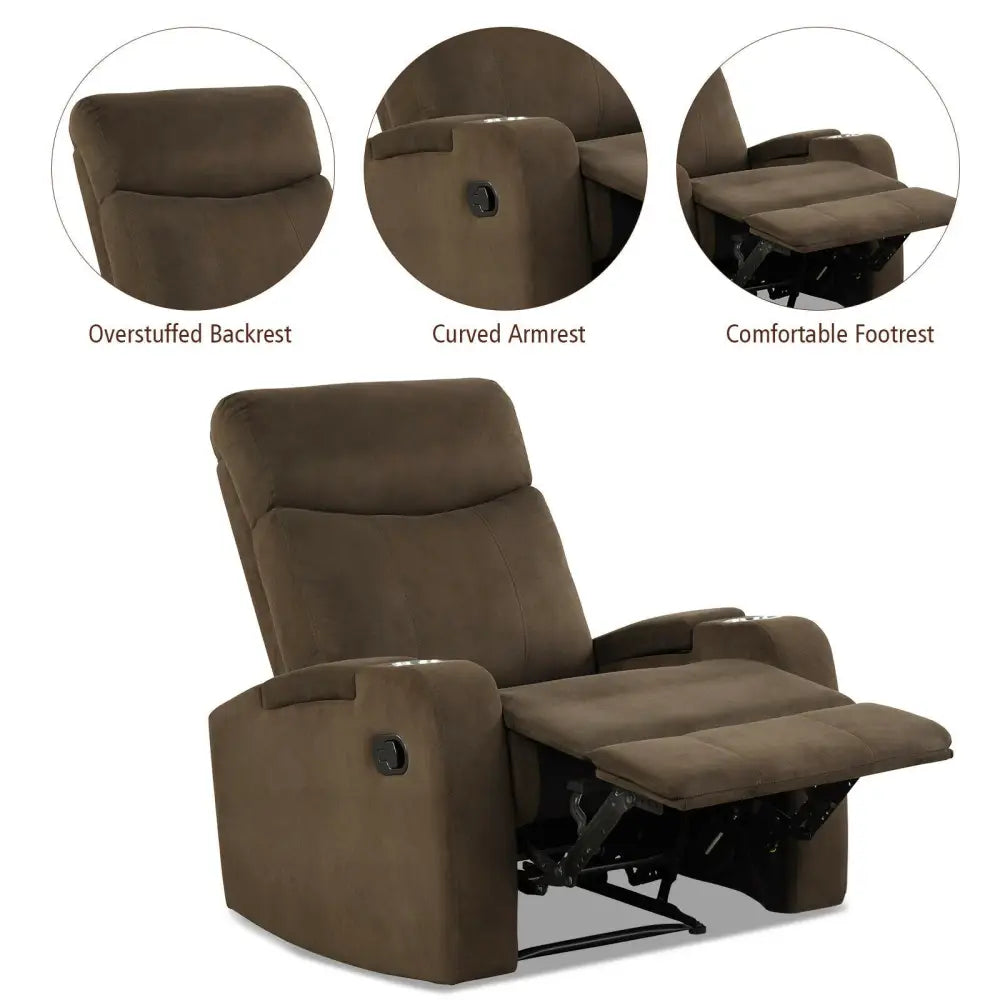Recliner Chair Single Sofa Lounger with Arm Storage and Cup Holder for Living Room-Coffee - Brown - Recliners