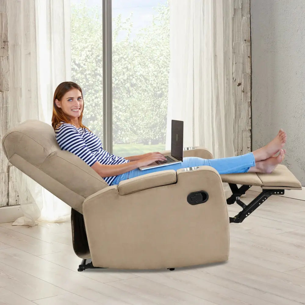 Recliner Chair Single Sofa Lounger with Arm Storage and Cup Holder for Living Room-Brown - Light Brown - Recliners