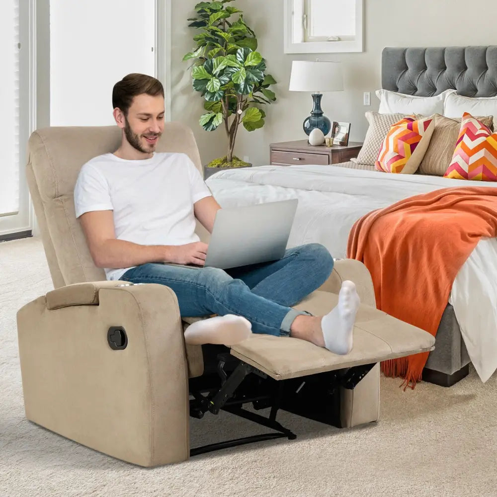 Recliner Chair Single Sofa Lounger with Arm Storage and Cup Holder for Living Room-Brown - Light Brown - Recliners
