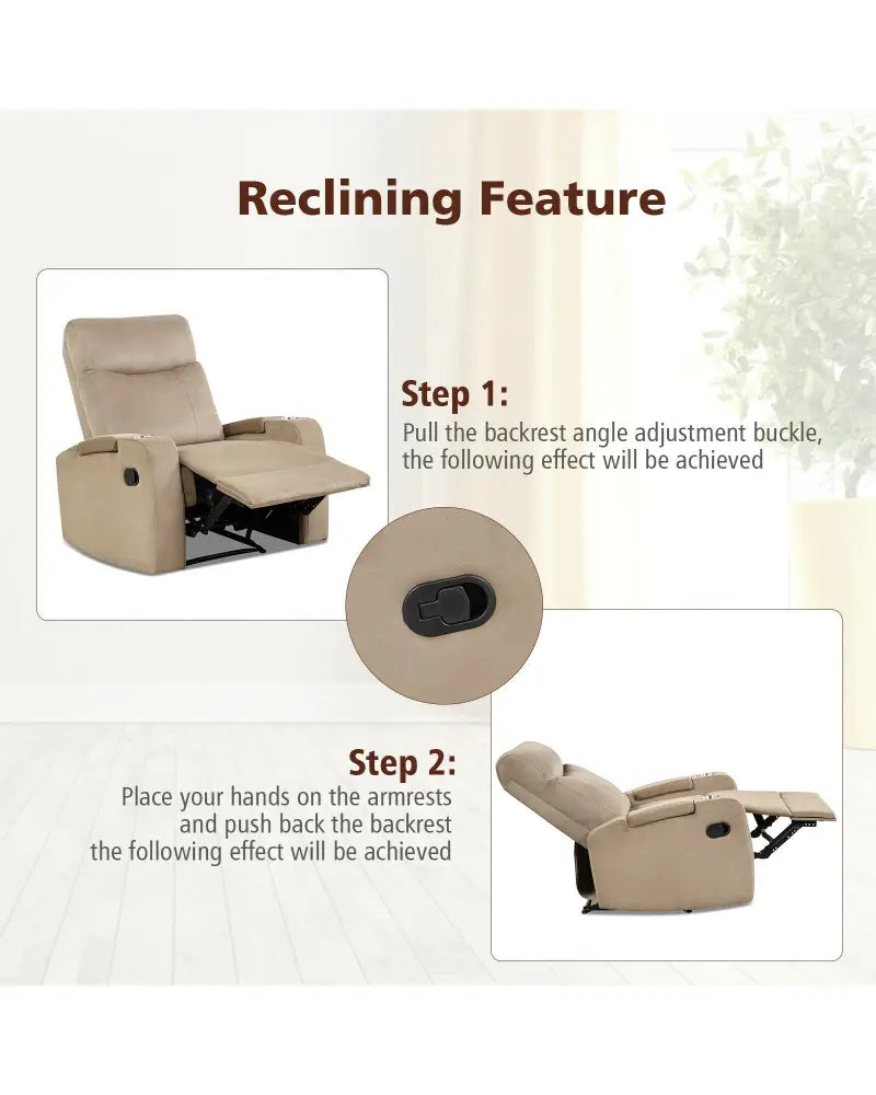 Recliner Chair Single Sofa Lounger with Arm Storage and Cup Holder for Living Room-Brown - Light Brown - Recliners