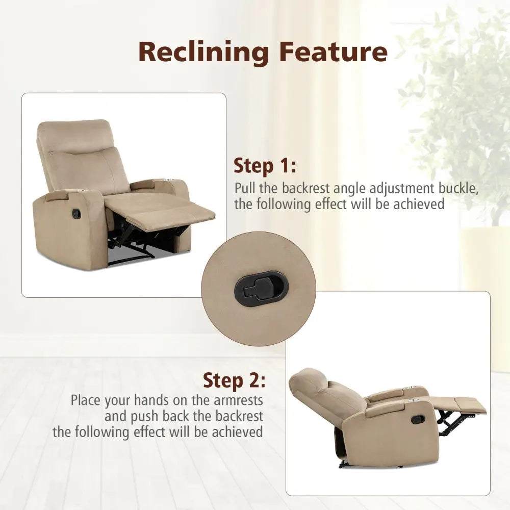 Recliner Chair Single Sofa Lounger with Arm Storage and Cup Holder for Living Room-Brown - Light Brown - Recliners
