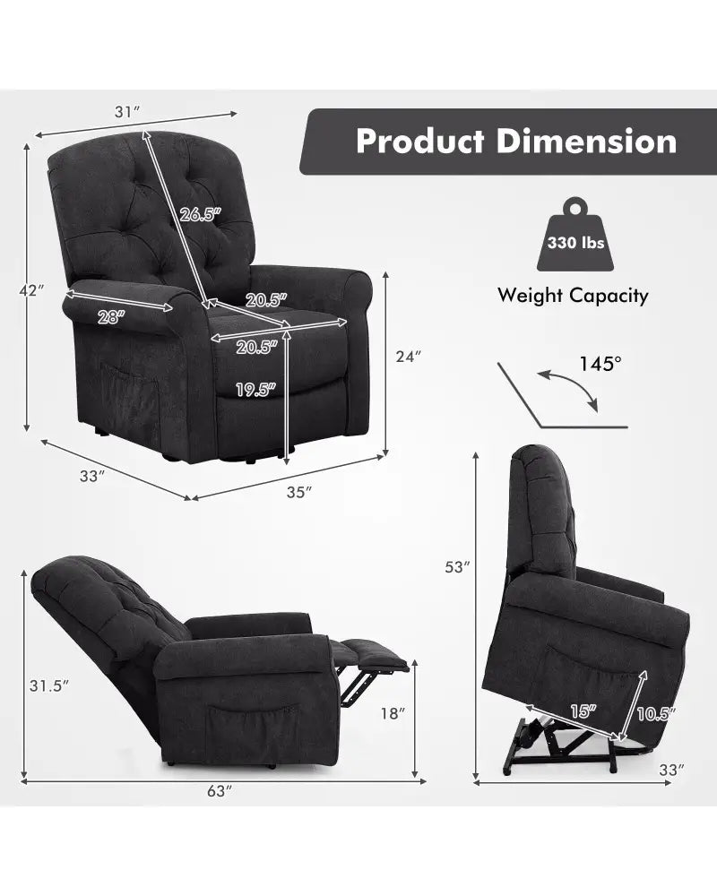 Recliner Chair Sofa for Elderly with Side Pocket and Remote Control-Black - Black - Recliners