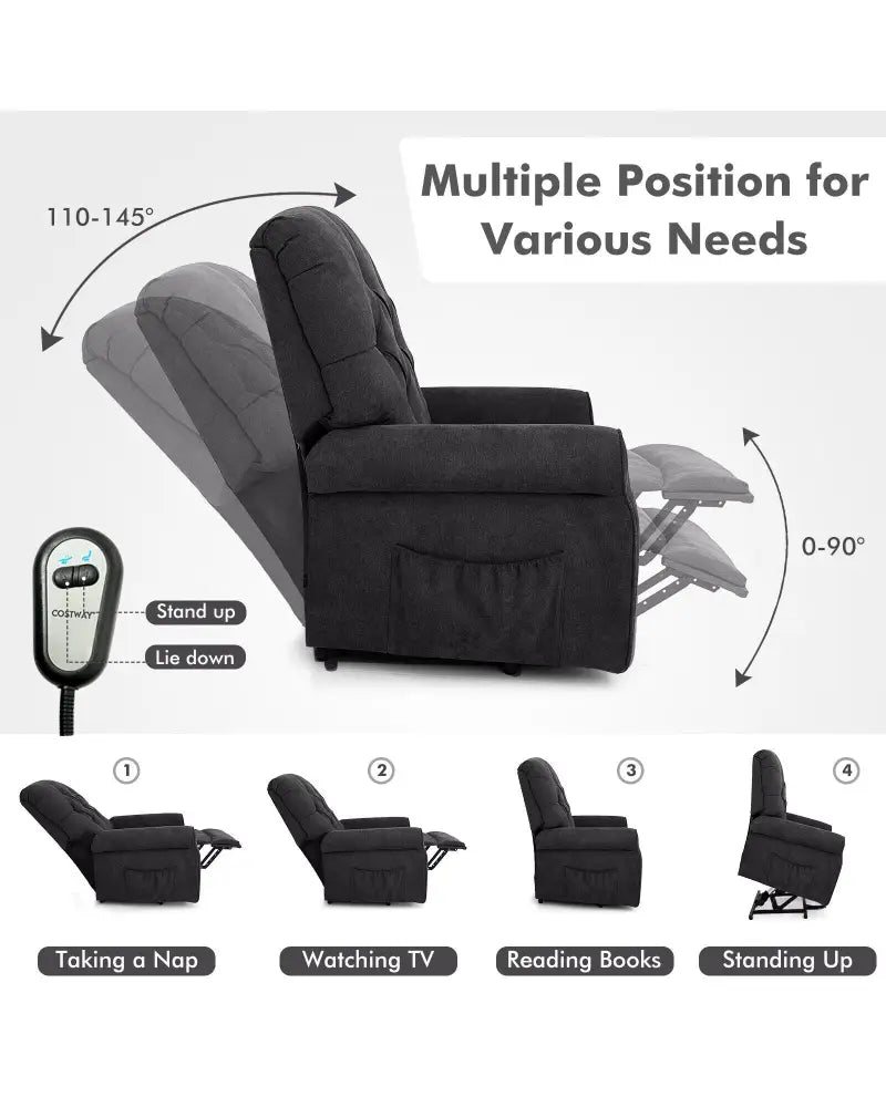 Recliner Chair Sofa for Elderly with Side Pocket and Remote Control-Black - Black - Recliners