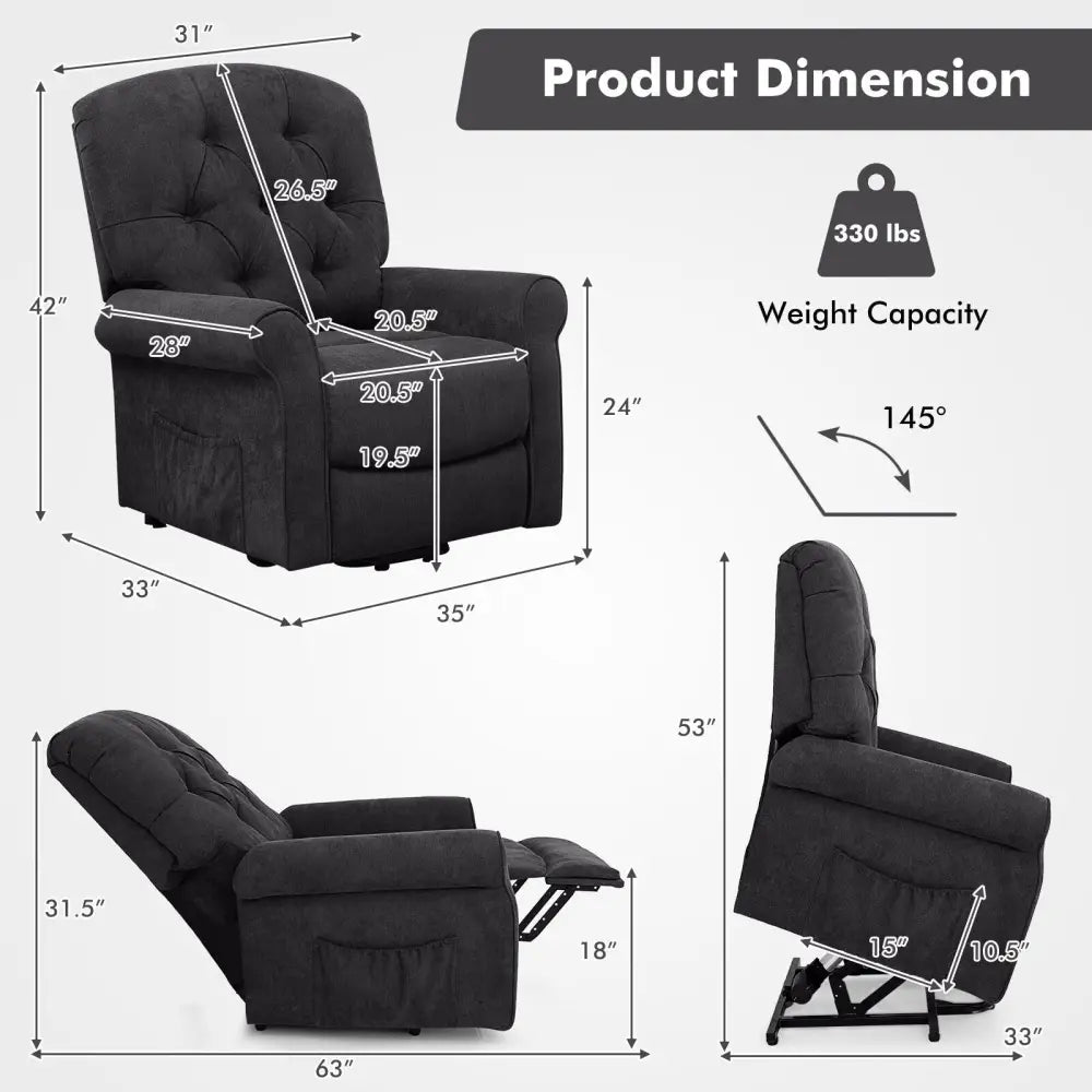Recliner Chair Sofa for Elderly with Side Pocket and Remote Control-Black - Black - Recliners