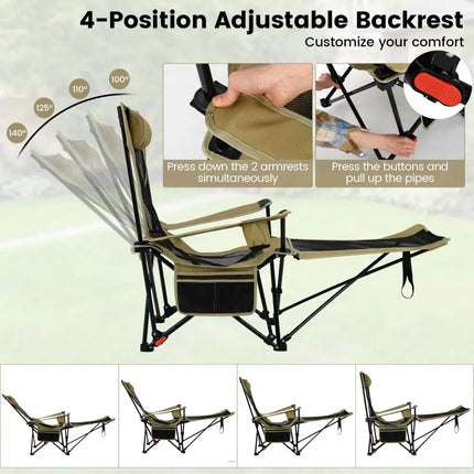 Reclining Camping Chair with Removable Footrest and Adjustable Backrest-Green - Green - Camping Furniture