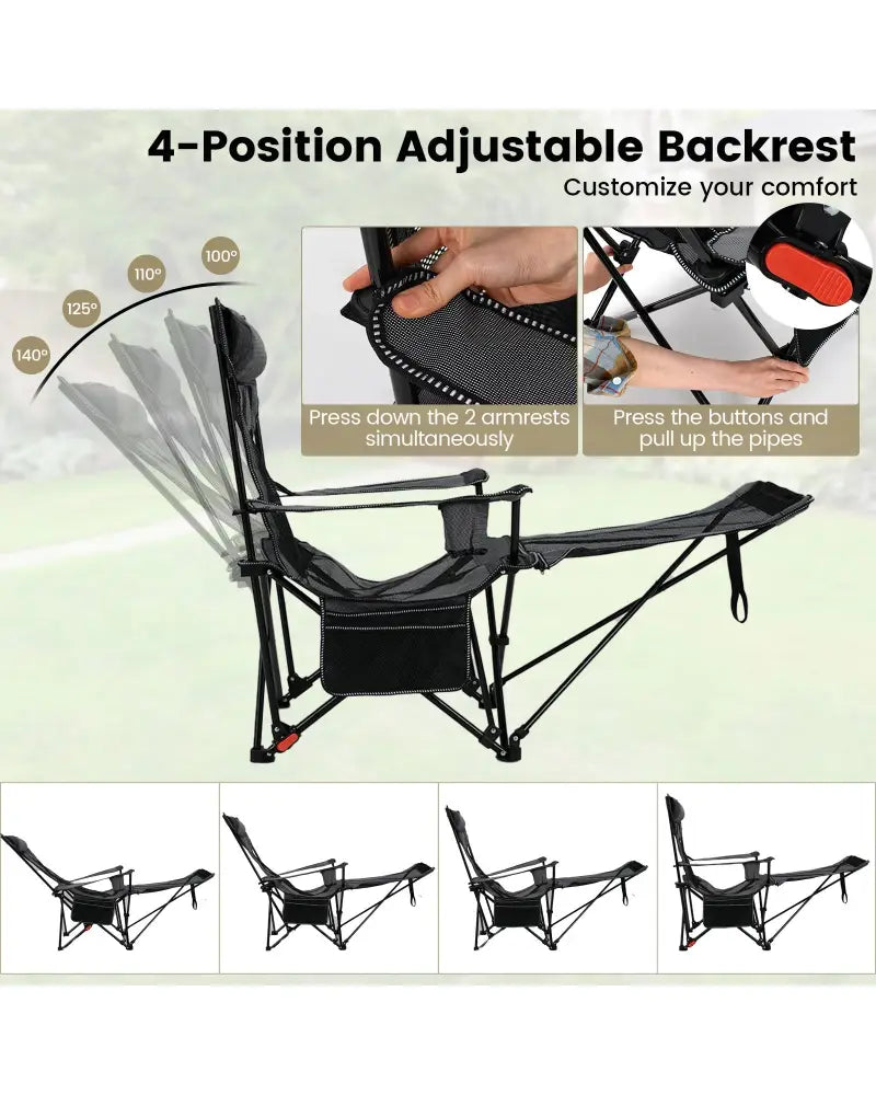 Reclining Camping Chair with Removable Footrest and Adjustable Backrest-Gray - Gray - Camping Furniture