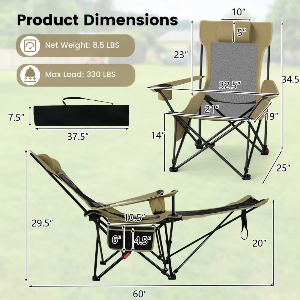 Reclining Camping Chair with Removable Footrest and Adjustable Backrest-Green - Green - Camping Furniture