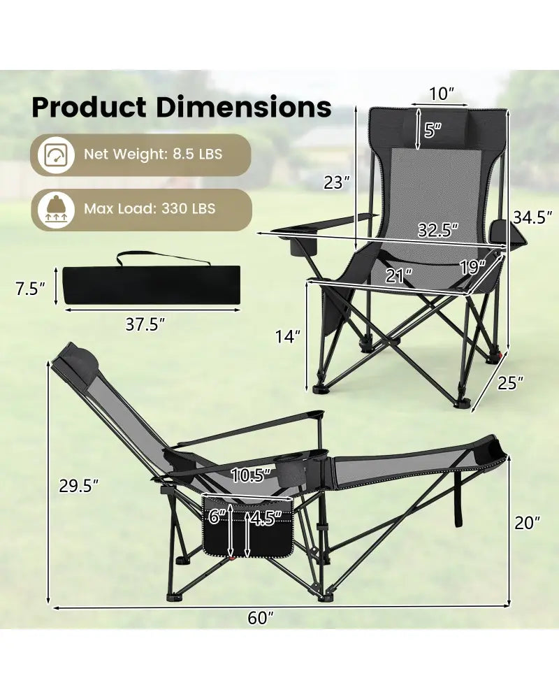 Reclining Camping Chair with Removable Footrest and Adjustable Backrest-Gray - Gray - Camping Furniture