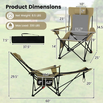 Reclining Camping Chair with Removable Footrest and Adjustable Backrest-Green - Green - Camping Furniture