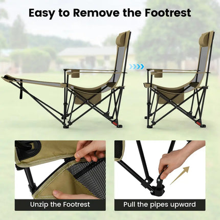 Reclining Camping Chair with Removable Footrest and Adjustable Backrest-Green - Green - Camping Furniture