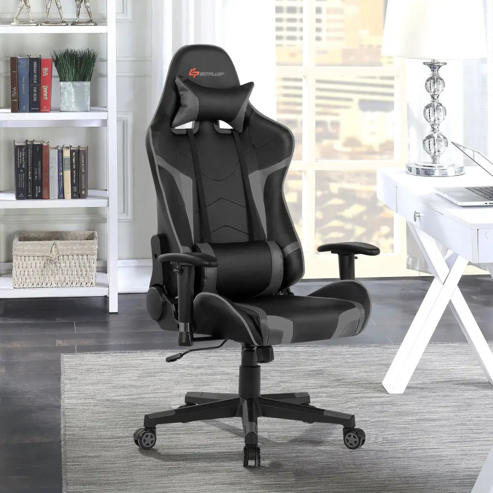 Reclining Swivel Massage Gaming Chair with Lumbar Support-Gray - Gray - Gaming Chairs